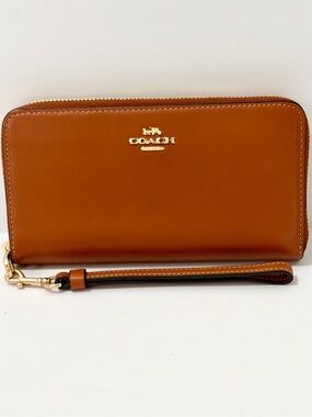 Coach Long Zip Around Leather Wristlet Wallet in Saddle Brown